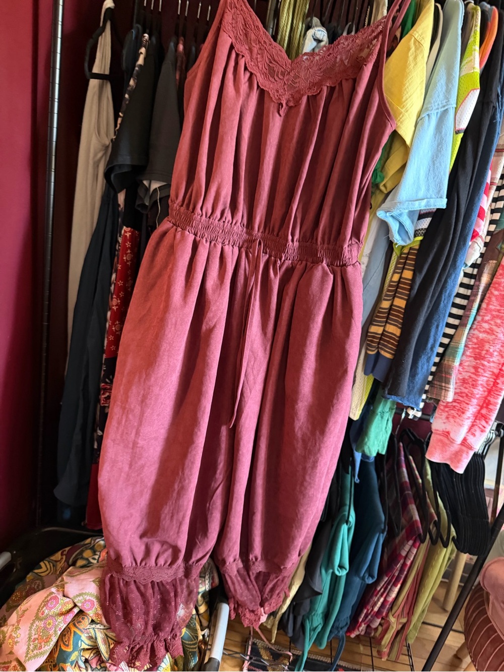Burgundy Rose Lace-Trim One-Piece Romper
